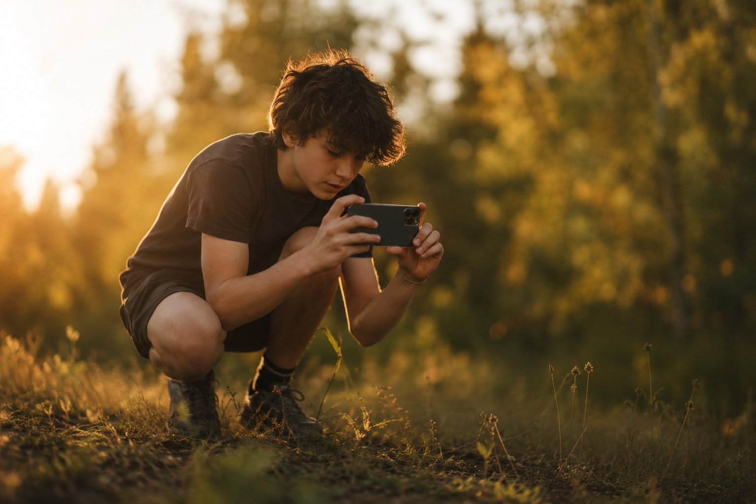 A homeschool teen crouches to film a cinematic shot on an iPhone at golden hour